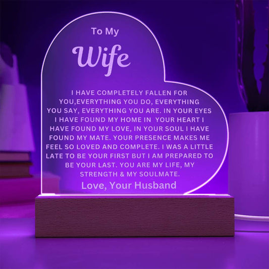 To My Wife | Love, Your Husband | Engraved Acrylic Heart With LED Base