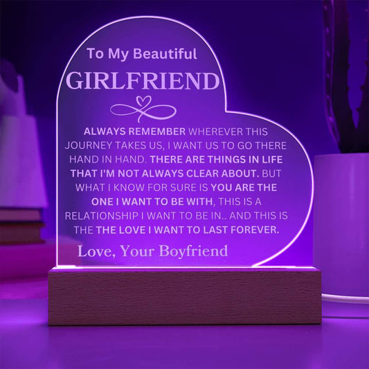 To My Beautiful Girlfriend |  Love, Your Boyfriend | Engraved Acrylic Heart With LED Base