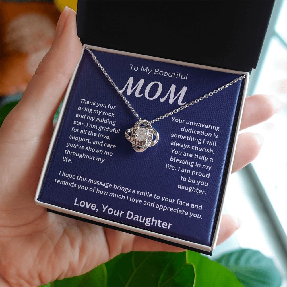 To My Beautiful Mom " Thank You For Being My Rock " Love Your Daughter Love Knot Necklace