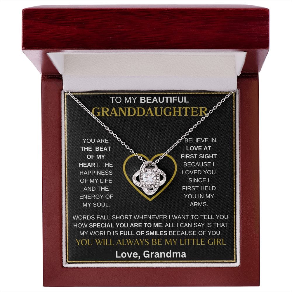 To My Beautiful Granddaughter " You are the beat of my heart " Love Grandma Love Knot Necklace